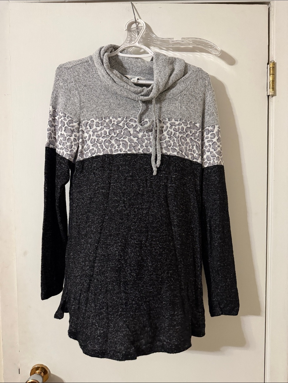 Market & Spruce Grey, Black and Leopard Cowl Neck Sweater